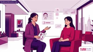 رسم توضيحي يظهر طبيباً يشرح تفاصيل شد الجفون العلوية والسفلية في تركيا لمريض داخل عيادة فخمة 