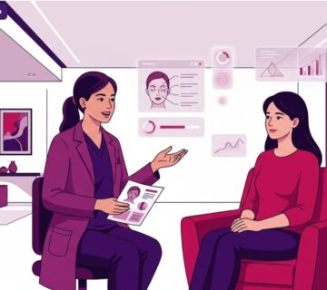 رسم توضيحي يظهر طبيباً يشرح تفاصيل شد الجفون العلوية والسفلية في تركيا لمريض داخل عيادة فخمة 