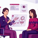 رسم توضيحي للطبيب يشرح خطوات عملية إعادة تموضع دهون الجفن للمريض في عيادة فاخرة