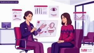 رسم توضيحي للطبيب يشرح خطوات عملية إعادة تموضع دهون الجفن للمريض في عيادة فاخرة