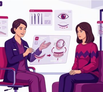 رسم توضيحي للطبيب يشرح خطوات عملية إعادة تموضع دهون الجفن للمريض في عيادة فاخرة