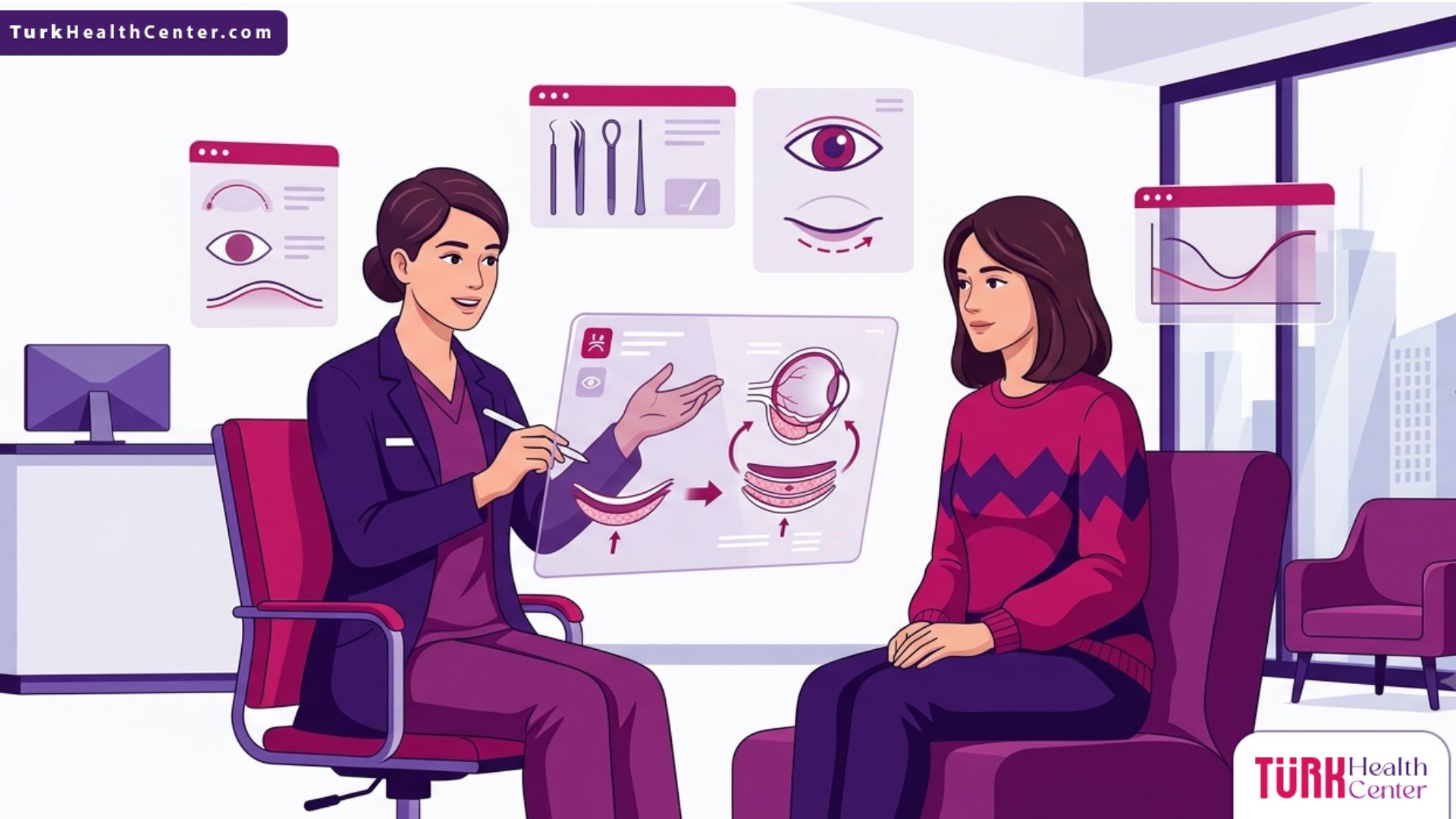 رسم توضيحي للطبيب يشرح خطوات عملية إعادة تموضع دهون الجفن للمريض في عيادة فاخرة