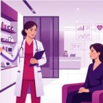 رسم توضيحي يتضمن طبيباً يشرح خطوات عملية الفوكسي آيز في تركيا لمريضة داخل عيادة تجميلية حديثة 
