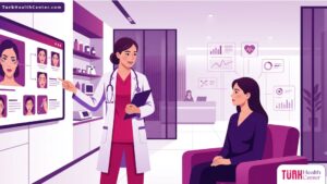 رسم توضيحي يتضمن طبيباً يشرح خطوات عملية الفوكسي آيز في تركيا لمريضة داخل عيادة تجميلية حديثة 