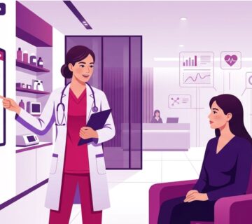 رسم توضيحي يتضمن طبيباً يشرح خطوات عملية الفوكسي آيز في تركيا لمريضة داخل عيادة تجميلية حديثة 