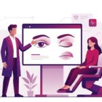 رسم توضيحي للطبيب يشرح تفاصيل عملية شد الجفن العلوي المتدلي لمريض في عيادة حديثة 