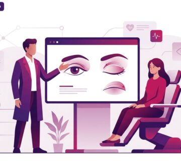 رسم توضيحي للطبيب يشرح تفاصيل عملية شد الجفن العلوي المتدلي لمريض في عيادة حديثة 