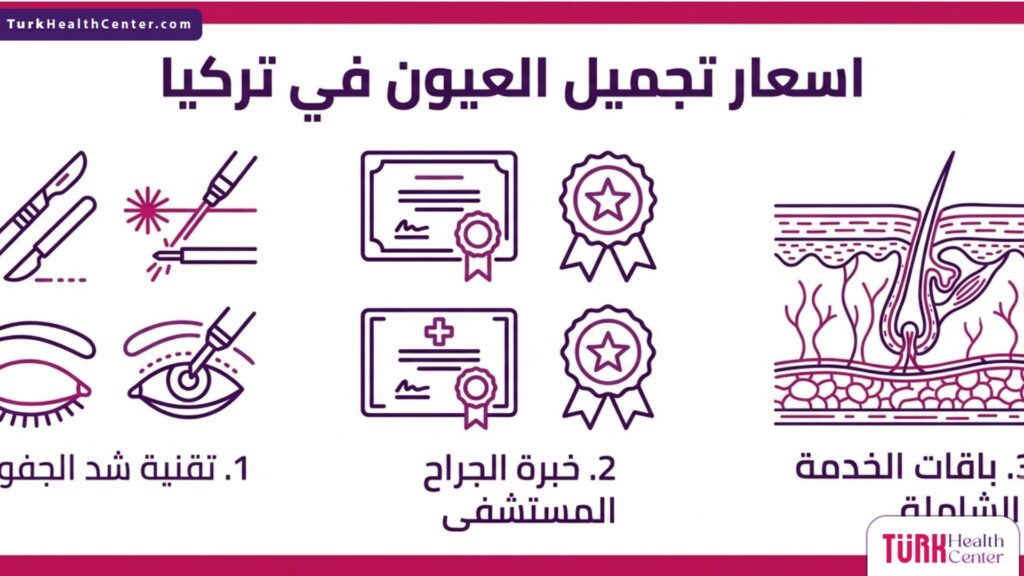 إنفوجرافيك مقسم يوضح أبرز العوامل المؤثرة على اسعار تجميل العيون في تركيا