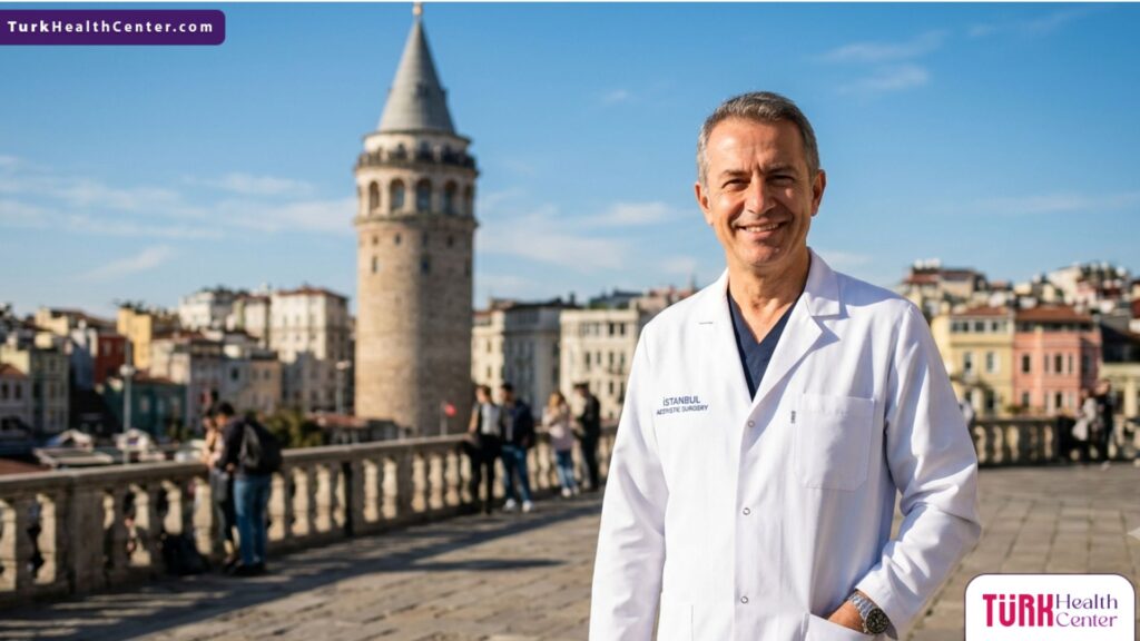 طبيب تجميل متخصص أمام معالم إسطنبول يمثل الجودة والخدمات المتعلقة بـ اسعار تجميل العيون في تركيا