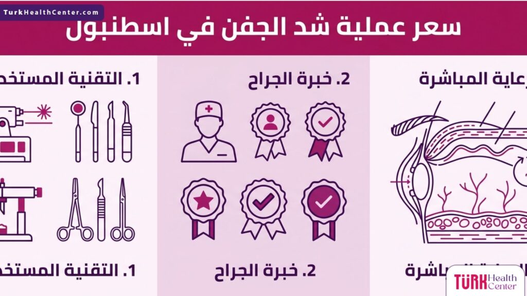 إنفوجرافيك يوضح العوامل الرئيسية المحددة لـ سعر عملية شد الجفن في اسطنبول