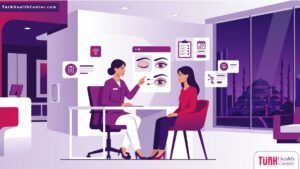 رسم توضيحي بدقة عالية يوضح استشارة طبية حول اسعار تجميل العيون في تركيا داخل مركز طبي حديث