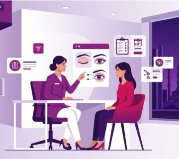 رسم توضيحي بدقة عالية يوضح استشارة طبية حول اسعار تجميل العيون في تركيا داخل مركز طبي حديث