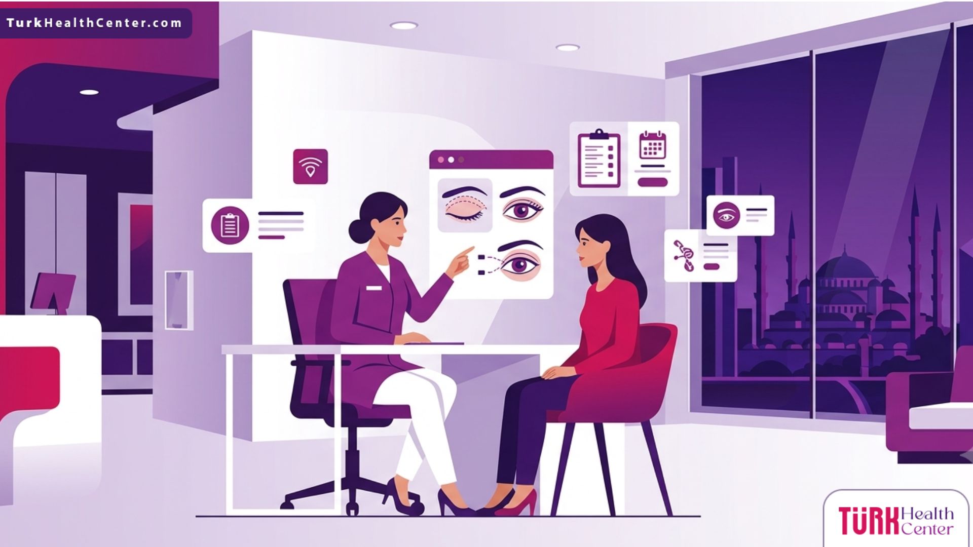 رسم توضيحي بدقة عالية يوضح استشارة طبية حول اسعار تجميل العيون في تركيا داخل مركز طبي حديث